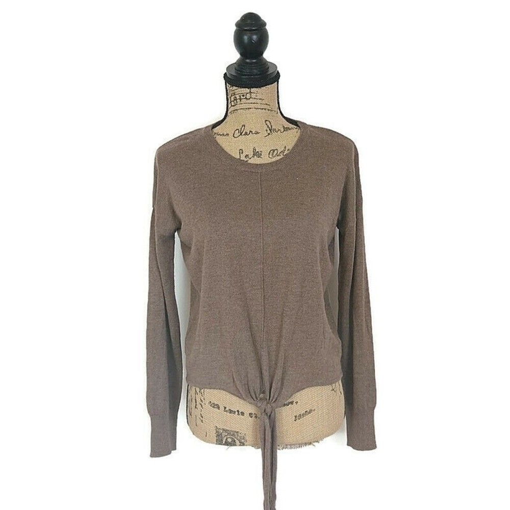 Pink Rose Womens sz M Sweater Brown‎ Tie Hem Long Sleeve Round Neck Pullover